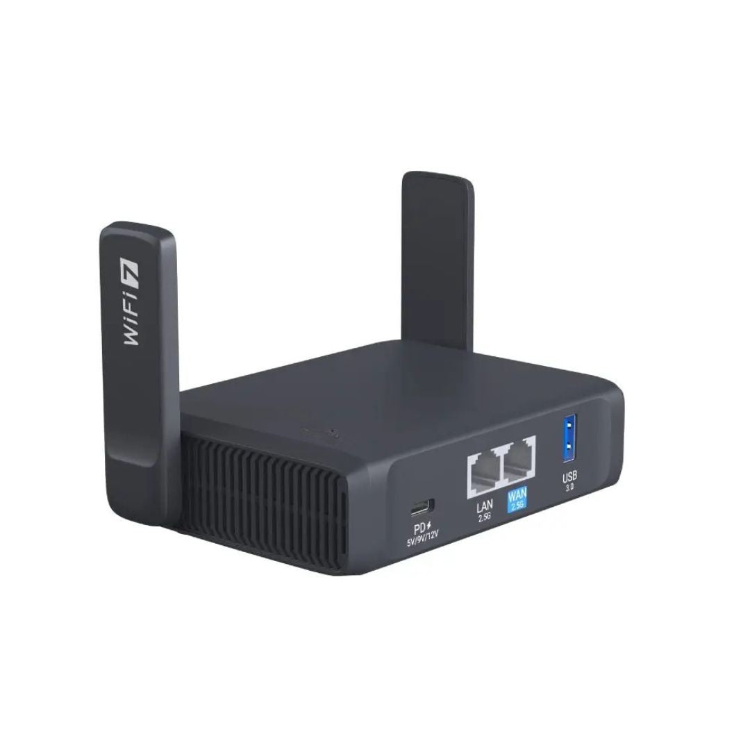 WiFi 7 Travel Router Dual Band Portable Router with Touchscreen Dual 2.5G Ports OpenWrt and VPN Support