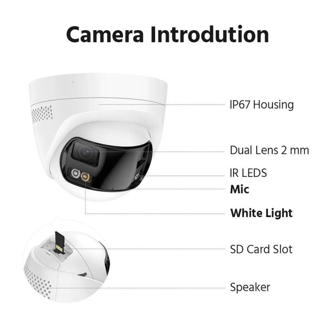 6MP Dual Lens Security Camera 180° Panorama CCTV Camera with Colour Night Vision Human and Vehicle Detection IP67 White