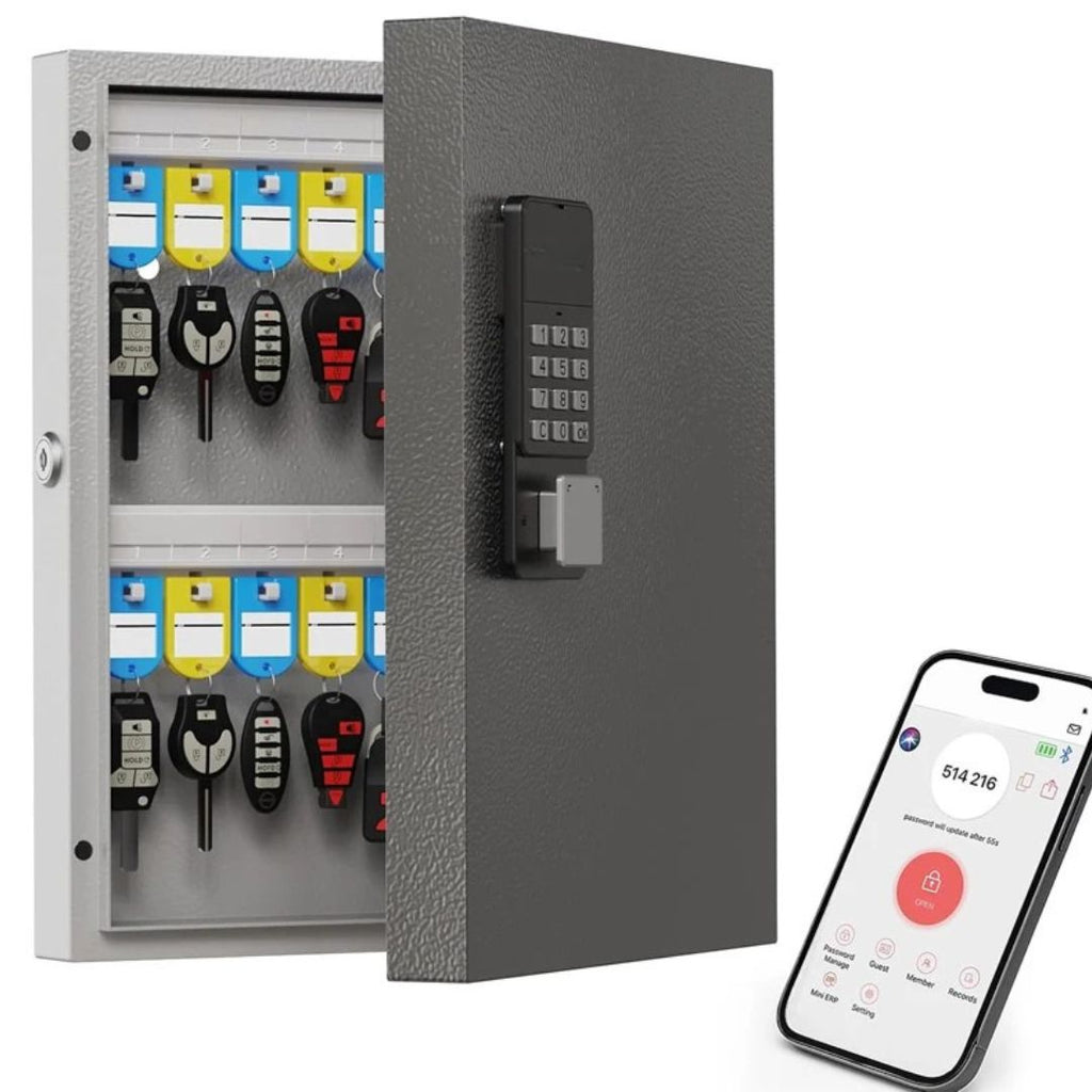 Key Lock Box 32 Key Wall Mounted Storage Cabinet with Bluetooth App Access OTP and PIN Code Unlocking Black
