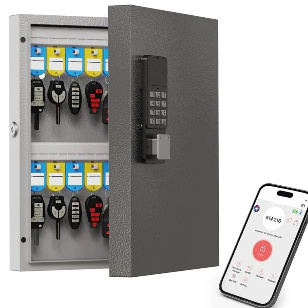 Key Lock Box 32 Key Wall Mounted Storage Cabinet with Bluetooth App Access OTP and PIN Code Unlocking Black