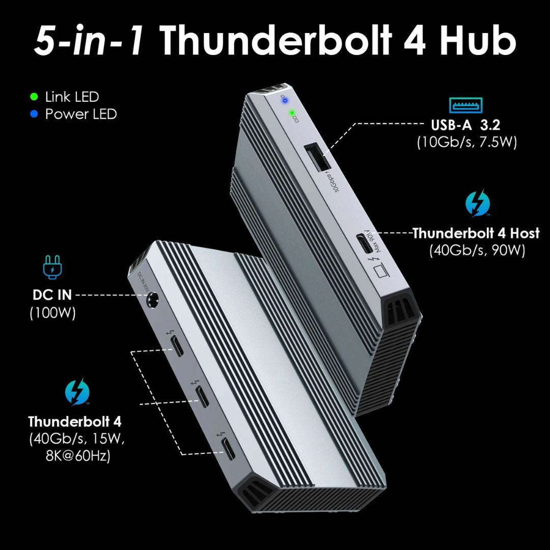 Thunderbolt 4 Hub 5 in 1 with 90W PD Charging Single 8K Dual 4K Display for MacBook Pro Air Thunderbolt 3 and 4