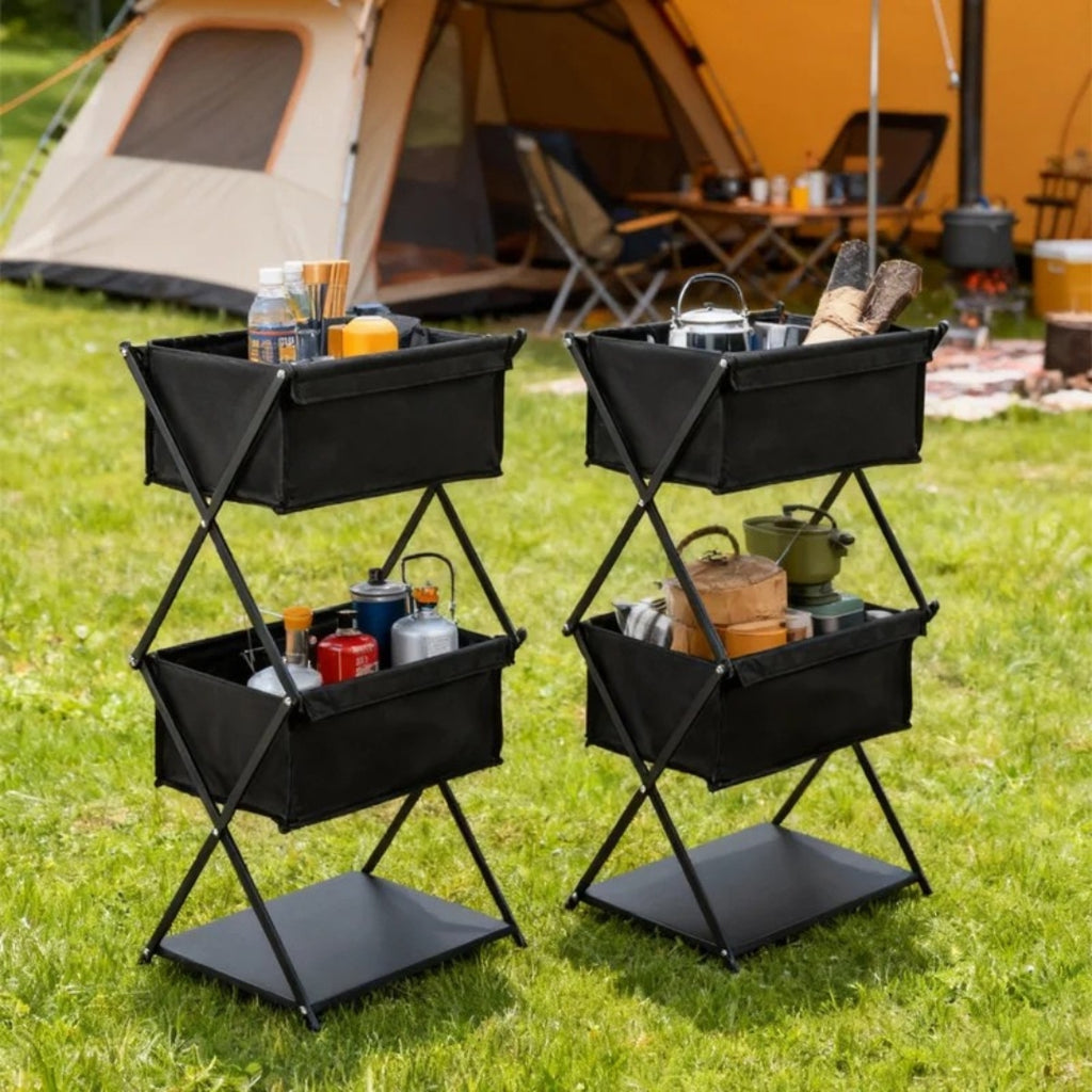 3 Layer Folding Camping Storage Rack Outdoor BBQ Shelf Multifunctional Portable Organiser Stand Black 31 × 42 × 79cm