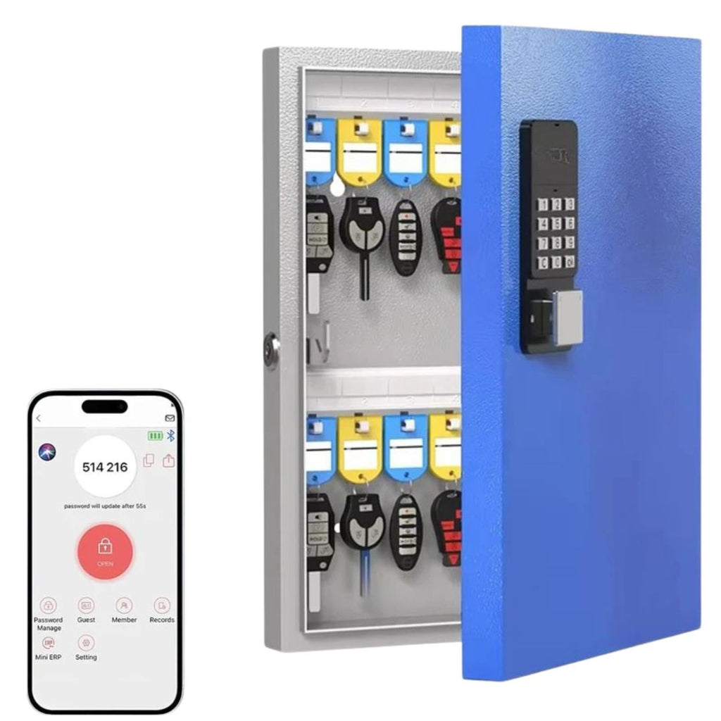 Key Lock Box 32 Key Wall Mounted Storage Cabinet with Bluetooth App Access OTP and PIN Code Unlocking Blue
