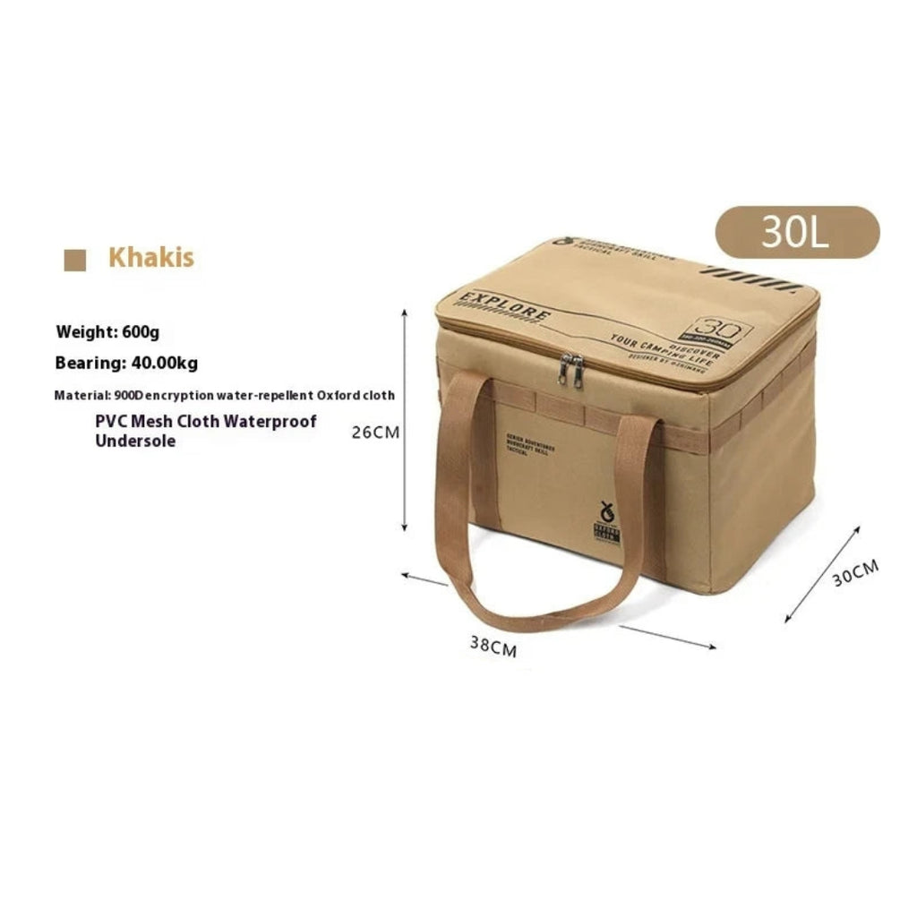 30L Tactical Camping Storage Bag Insulated Folding Box Waterproof Picnic Tableware Outdoor Equipment Organiser Khaki