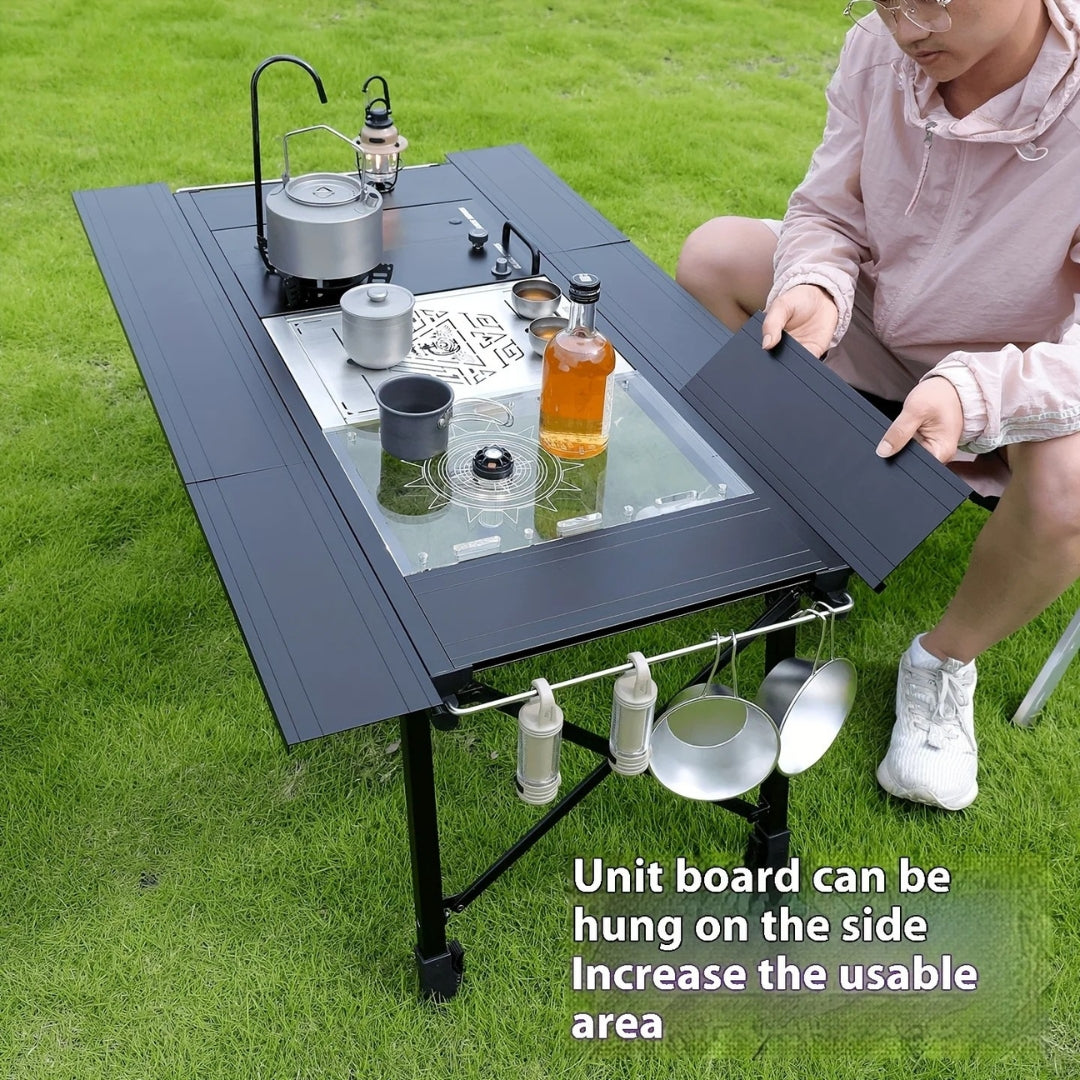Folding IGT Camping Lift Table Portable Outdoor Cooking System 3 Table Multi Purpose Camping Desk Black 75 × 42.5 × 65cm