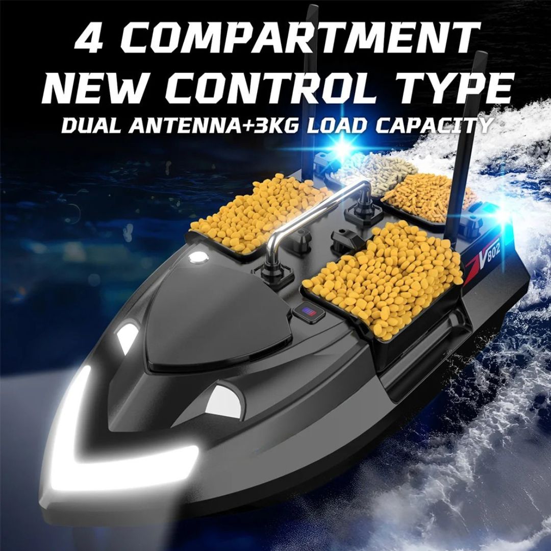 Bait Boat Remote Control Fishing Boat with 4 Independent Hoppers, 500m Range, 36000mAh Dual Battery and LED Lights