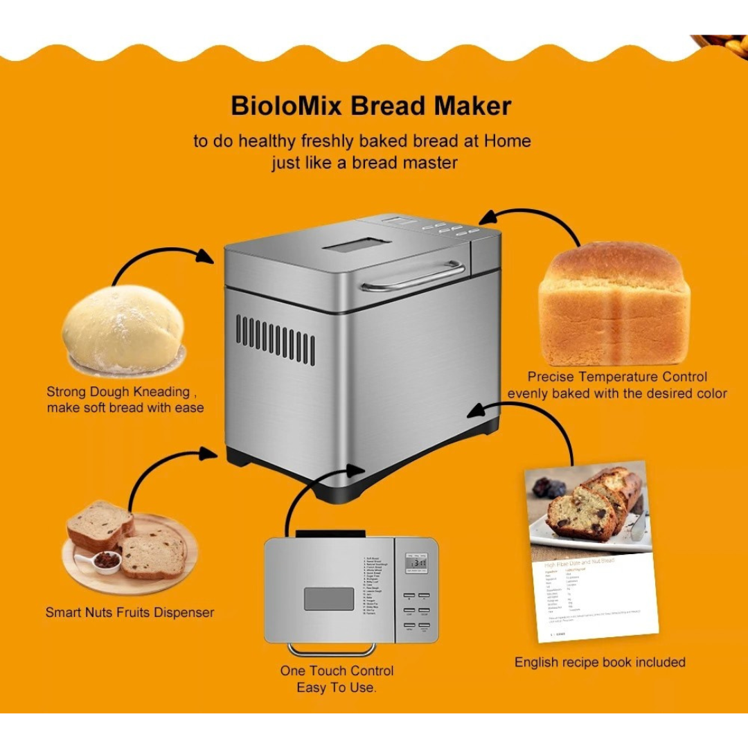 Stainless Steel 1KG 19-in-1 Automatic Bread Maker 650W Programmable Bread Machine Fruit Nut Dispenser AU 34×21×31cm