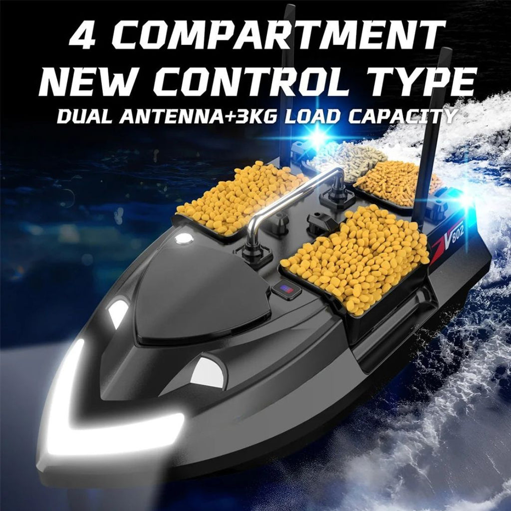 Bait Boat Remote Control Fishing Boat with 4 Independent Hoppers, 500m Range, 10400mAh Dual Battery and LED Lights