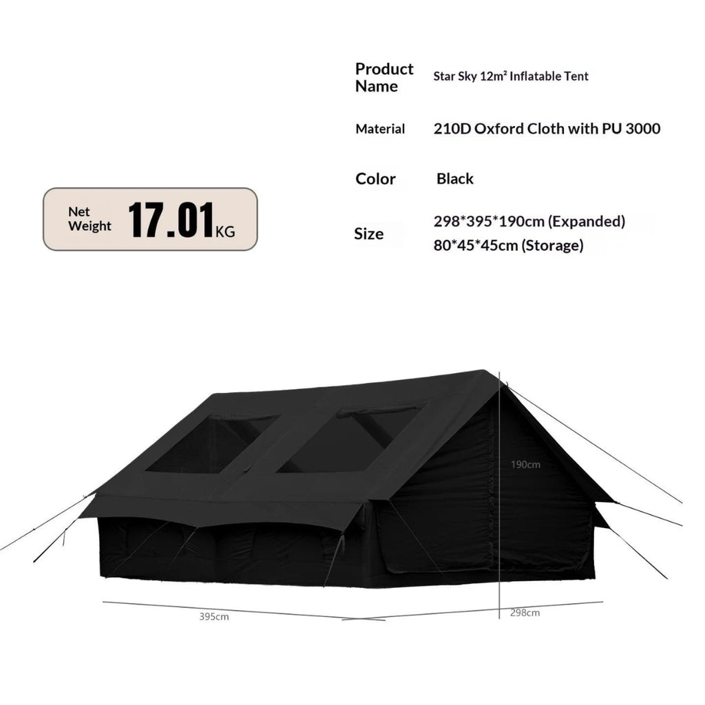 12m² Inflatable Camping Tent with Air Pump Storage Bags Outdoor Hiking Family Shelter Black 395 × 295 × 190cm