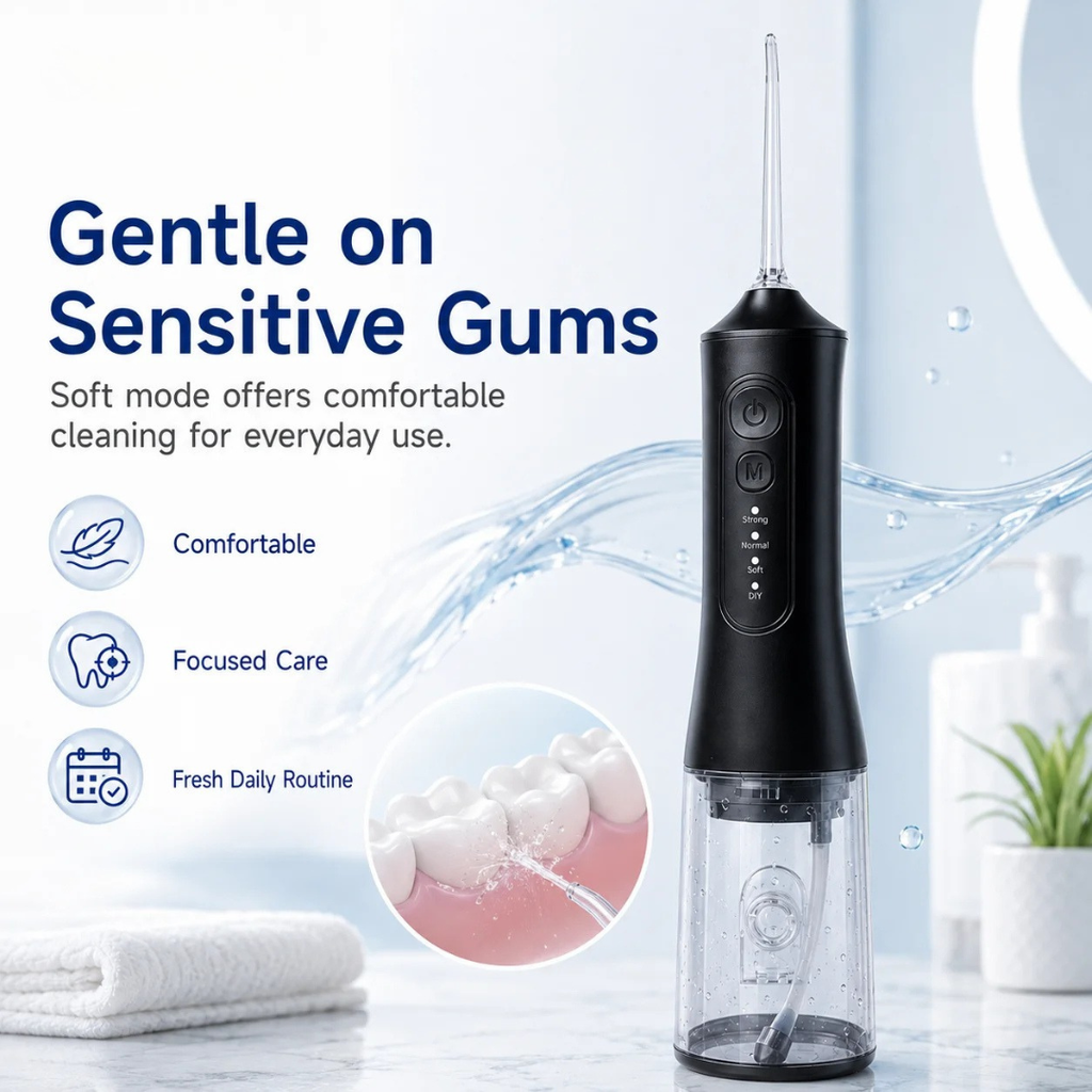 YD06 Cordless Oral Irrigator Water Flosser 300ML Portable Water Jet USB-C Fast Charge 7 Nozzles 4 Modes IPX7 Black