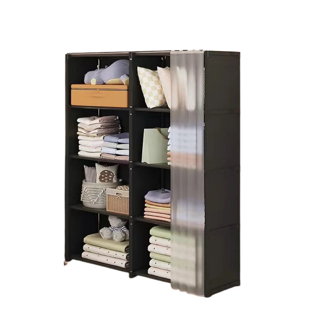 5 Layer Double Portable Clothes Storage Cabinet Wardrobe Organizer Dustproof Closet with Curtains Multifunctional Black 80 × 28 × 125cm