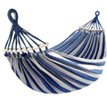 Canvas Double Camping Hammock with Curved Wooden Poles Blue 220 x 150 cm