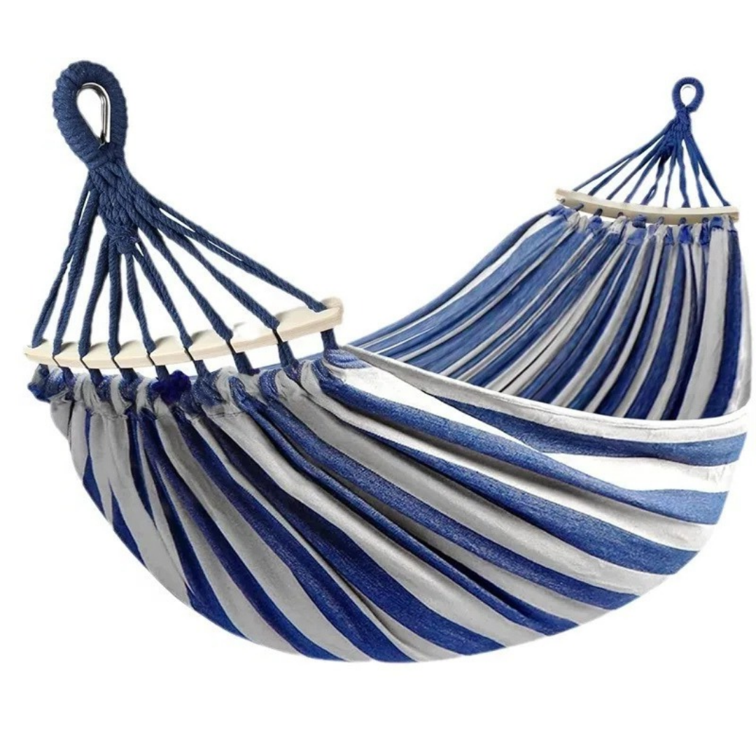 Canvas Double Camping Hammock with Curved Wooden Poles Blue 220 x 150 cm