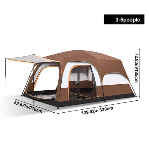 4 Season Camping Tent 330x210x185cm Waterproof Windproof Family Tent Double Layer 2 Room Shelter Coffee 3-5 Person