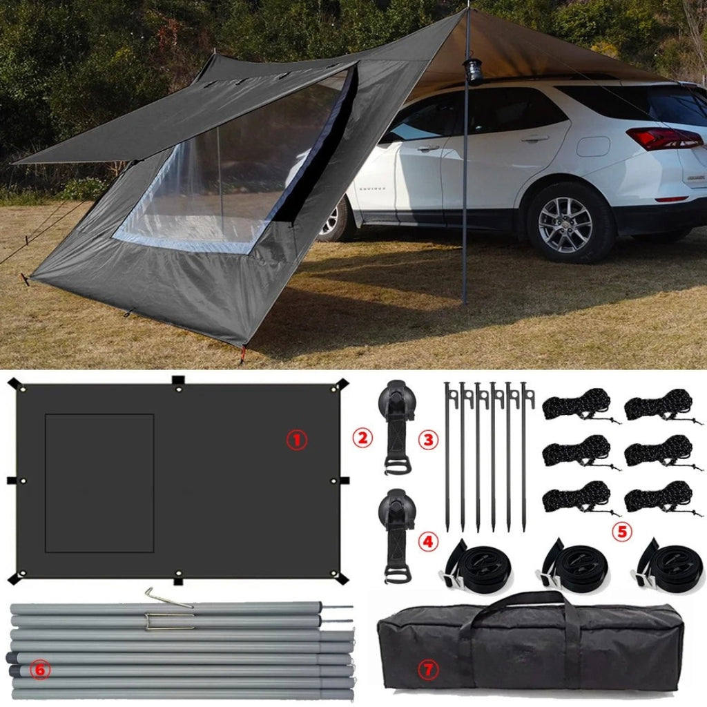 Car Awning Tarp Set with Mesh Skylight SUV Camping Shelter Waterproof Outdoor Sun Shade Canopy Black 280 × 480cm