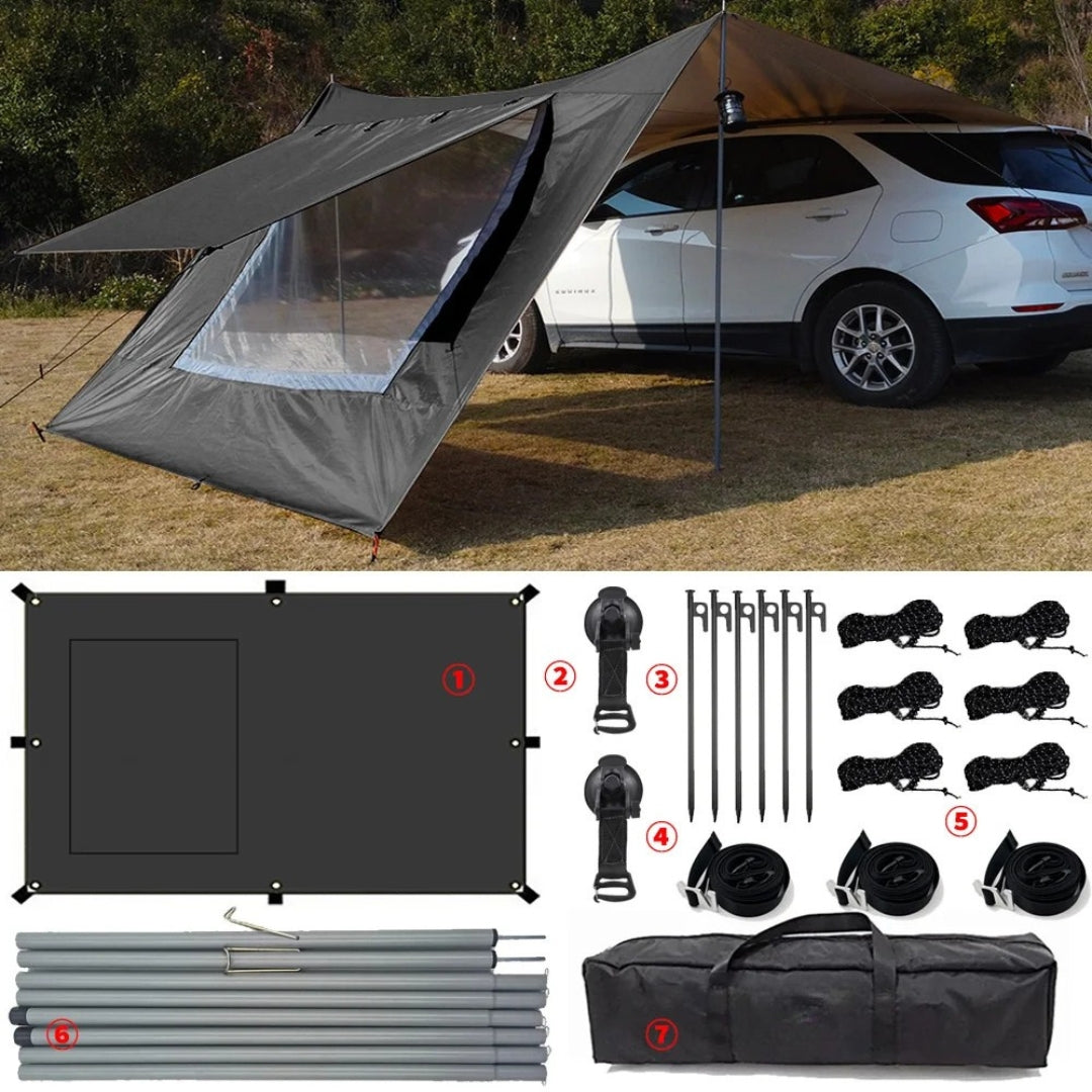 Car Awning Tarp Set with Mesh Skylight SUV Camping Shelter Waterproof Outdoor Sun Shade Canopy Black 280 × 480cm