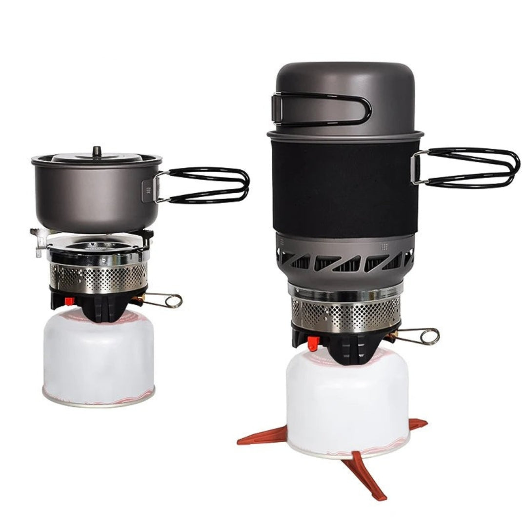Camping Cooking Set with Stove Pot Pan Heat Exchanger Outdoor Propane Cookware Gear Black 1L 13.5 × 13cm