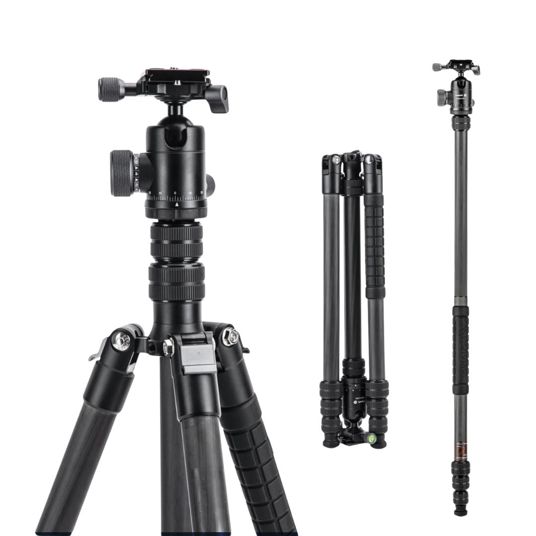Carbon Fiber Travel Tripod 185cm Professional Camera Tripod with Ball Head and Detachable Monopod