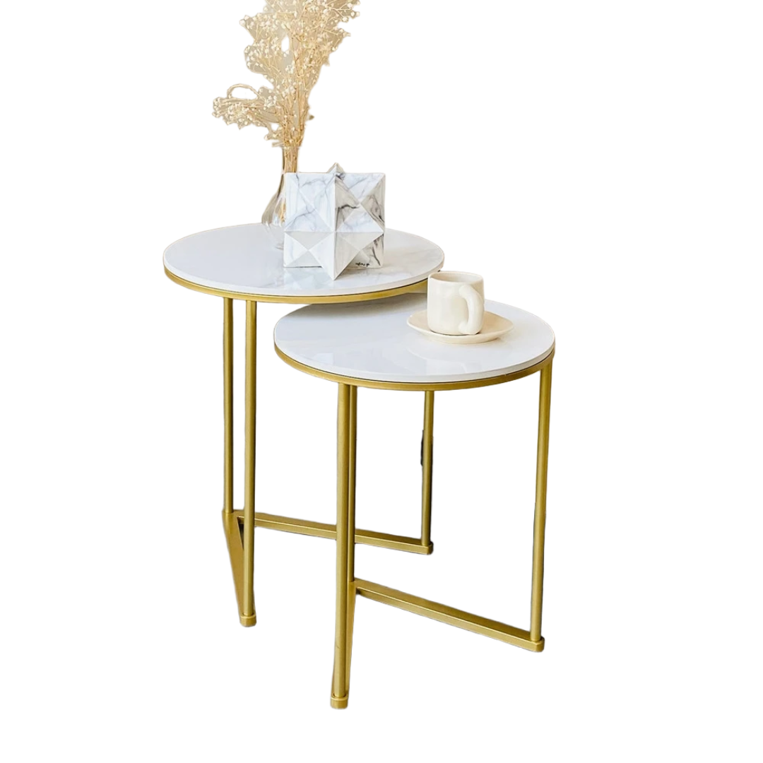Round Nesting Coffee Tables Set of 2 Sintered Stone Top Gold White 45x55cm 40x50.5cm Side Tables