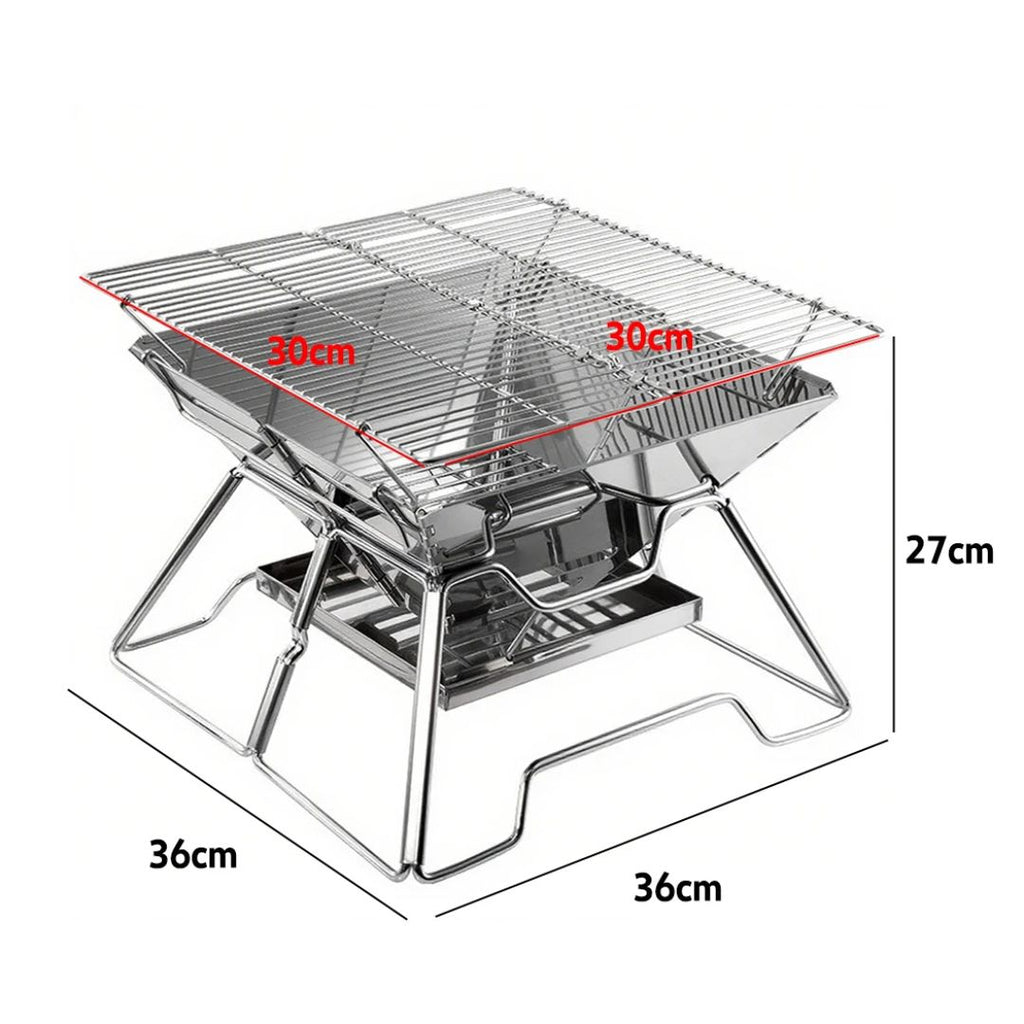 Fire Pit BBQ Grill 2-in-1 Portable Stainless Steel Camping Stove Outdoor Cooking Grill for Picnic Backyard Use 36cm×36cm×27cm