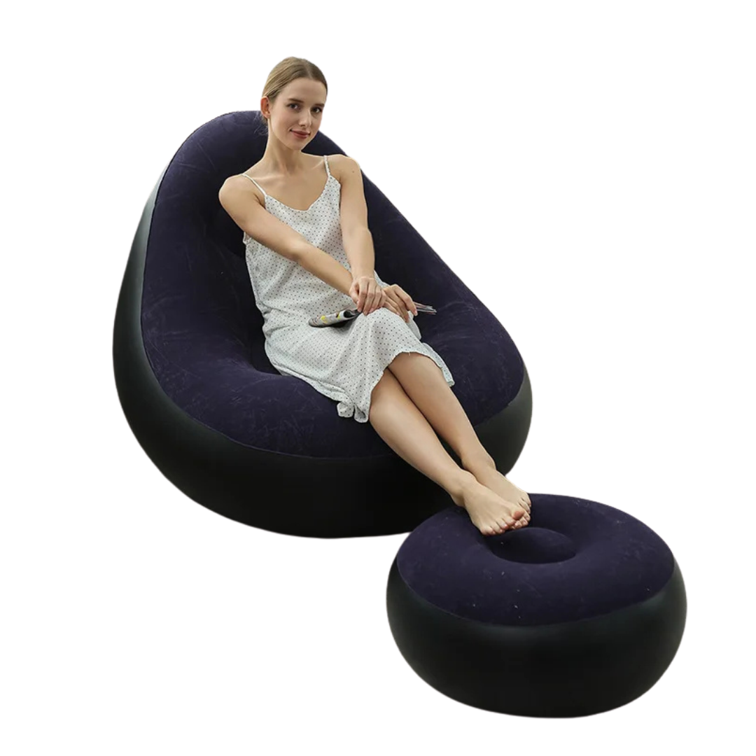 Inflatable Lazy Sofa Chair Foldable PVC Flocking Lounger Dark Blue