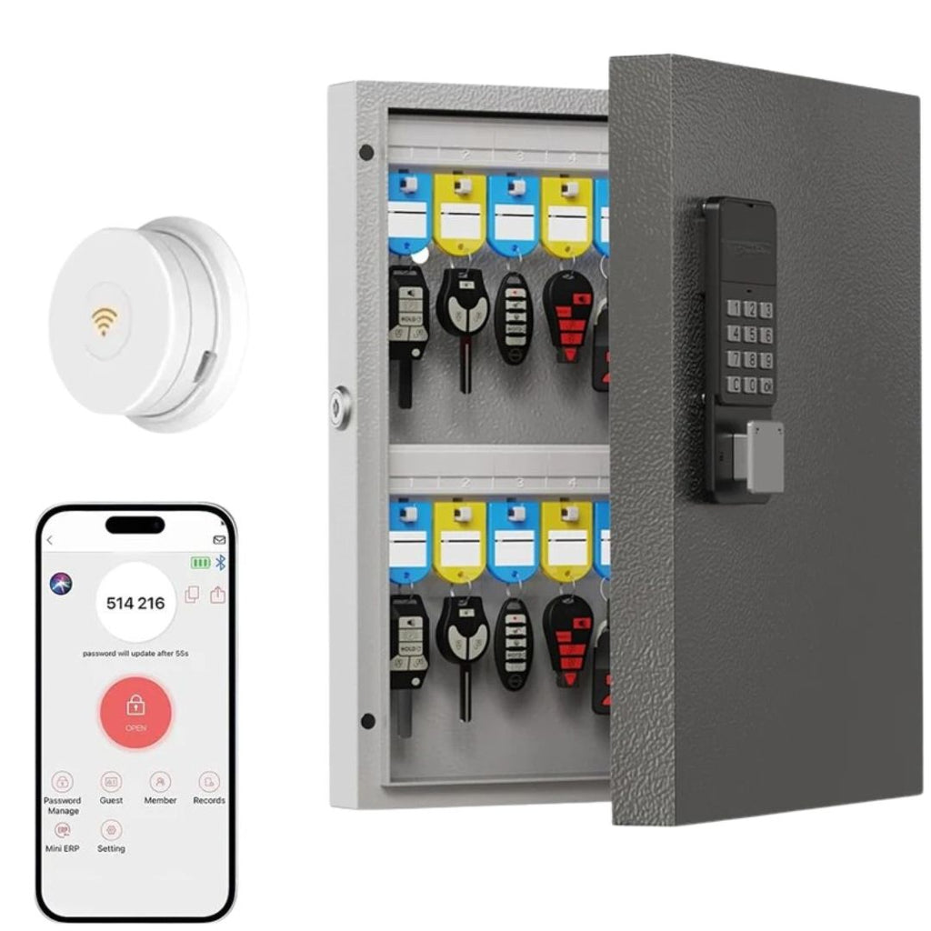 Key Lock Box 32 Key Wall Mounted Storage Cabinet with Bluetooth App Access PIN Code Unlocking and WiFi Gateway Black
