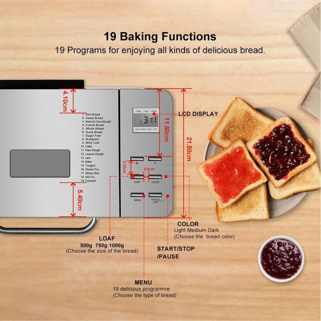 Stainless Steel 1KG 19-in-1 Automatic Bread Maker 650W Programmable Bread Machine Fruit Nut Dispenser AU 34×21×31cm