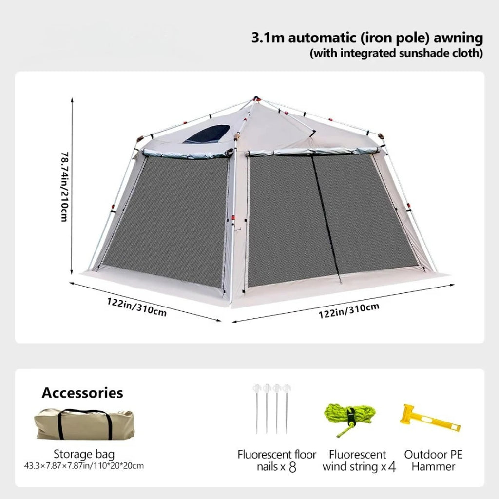 Automatic Quick Open Camping Tent Waterproof Sunshade Canopy Iron Poles Mosquito Net Outdoor Shelter Grey 310 × 310 × 210cm