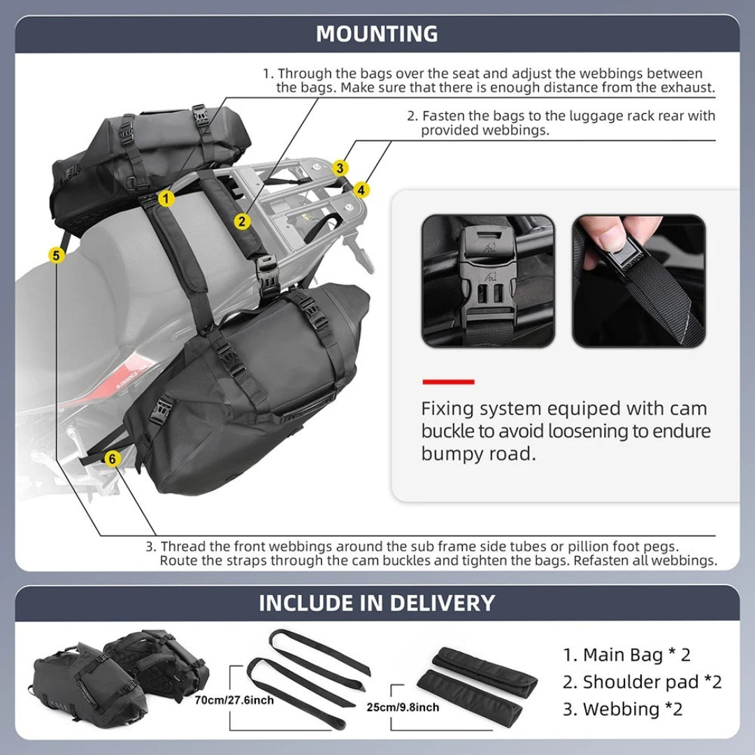 2PCS 24L Waterproof Motorcycle Saddle Bags Universal Motorbike Side Pannier Luggage Storage Travel Bags Black
