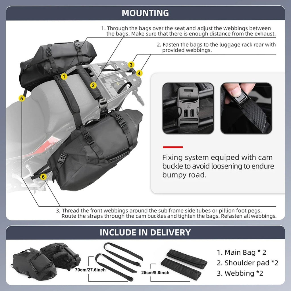 2PCS 14L Waterproof Motorcycle Saddle Bags Universal Motorbike Side Pannier Luggage Storage Travel Bags Black