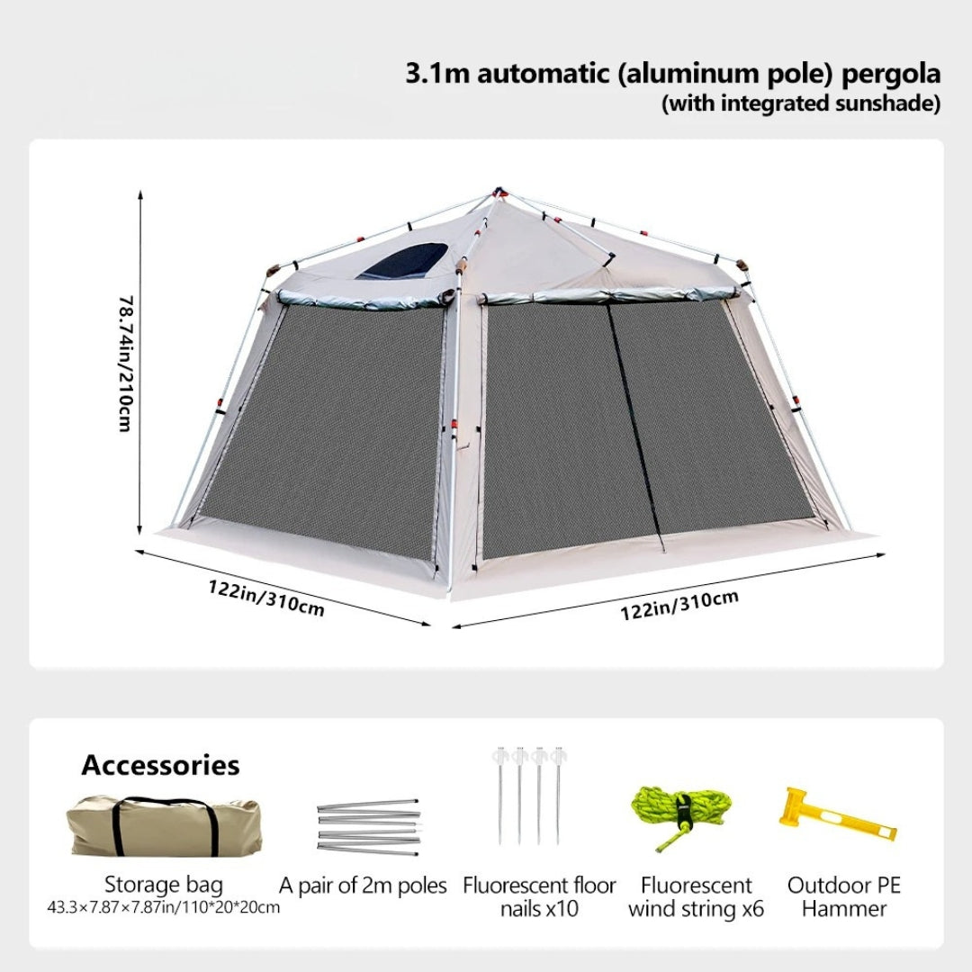 Automatic Quick Open Camping Tent Waterproof Sunshade Canopy Aluminium Poles Mosquito Net Outdoor Shelter Grey 310 × 310 × 210cm