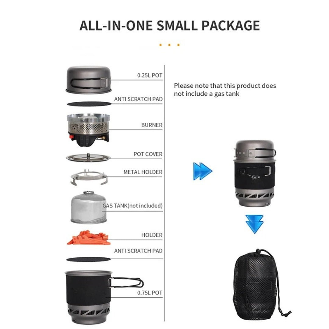 Camping Cooking Set with Stove Pot Pan Heat Exchanger Outdoor Propane Cookware Gear Black 1L 13.5 × 13cm