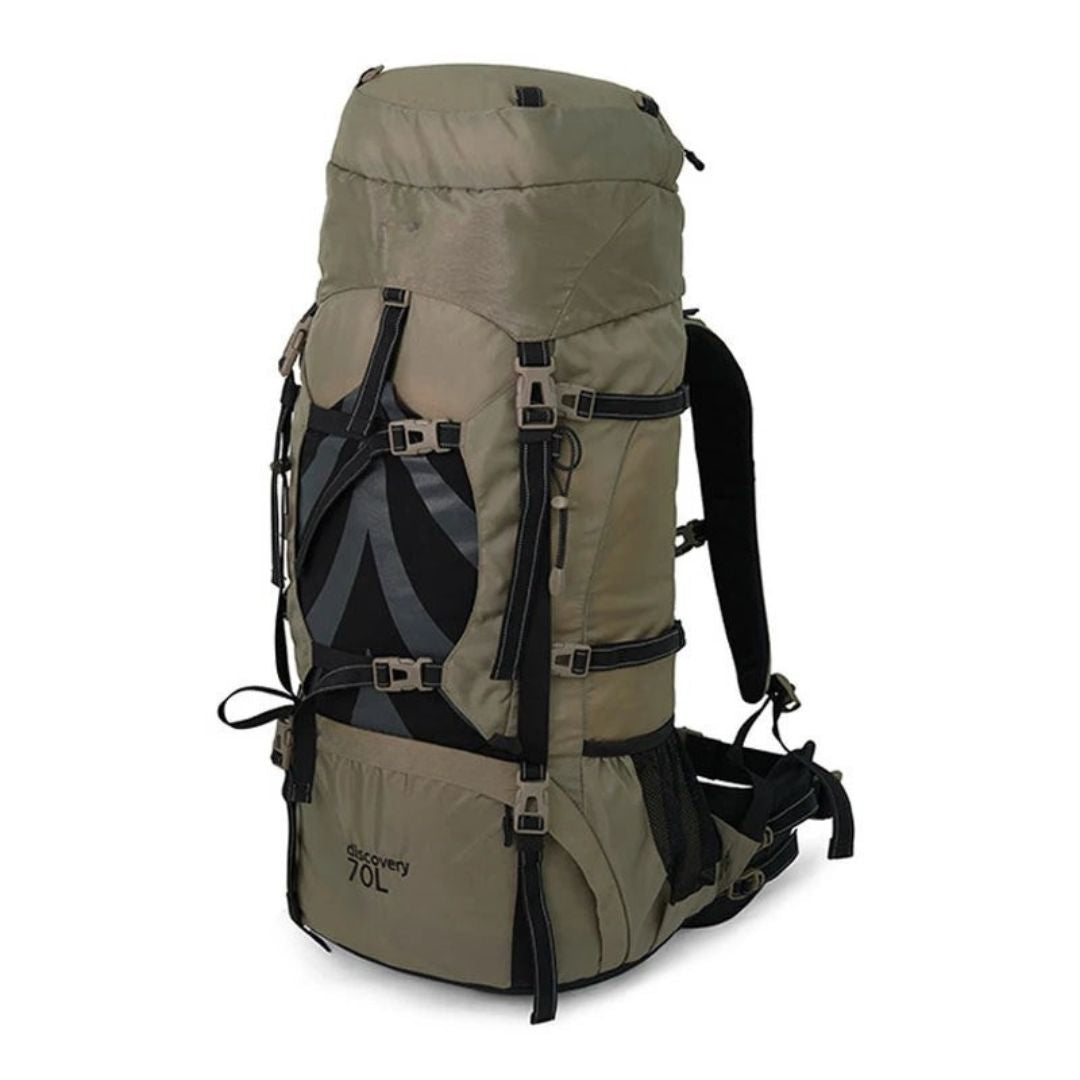 70L Camping Backpack Ergonomic Hiking Rucksack with Rain Cover Outdoor Travel Bag Brown 75x33x27cm