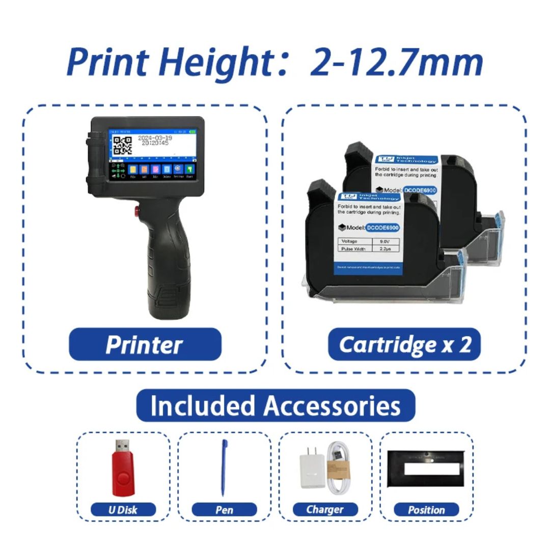 Handheld Inkjet Printer 12.7mm Portable 600DPI QR Barcode Logo Date Printer with 2 Ink Cartridges