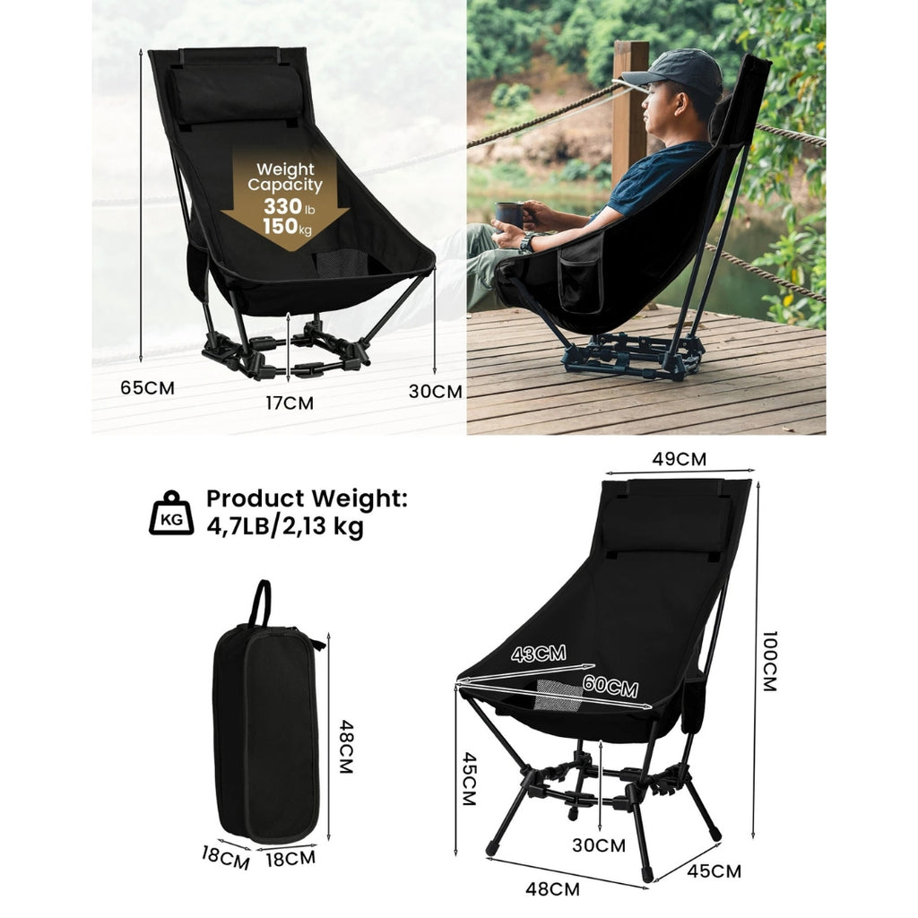Folding Camping Chair High Back Outdoor Fishing Trekking BBQ Garden Beach Tourist Chair Indoor Use Black 49 × 60 × 100cm