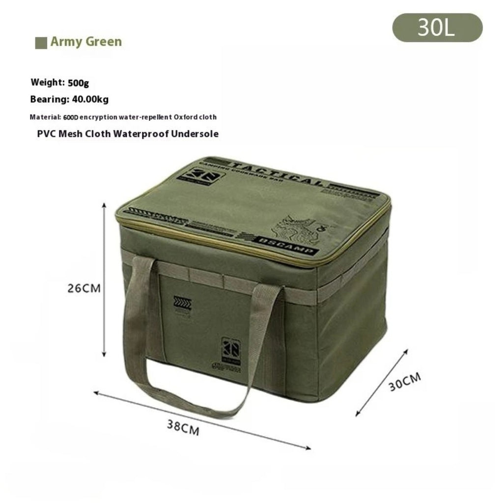 30L Insulated Waterproof Tactical Camping Storage Bag Foldable Picnic Tableware Cooking Gear Box Outdoor Organizer Green