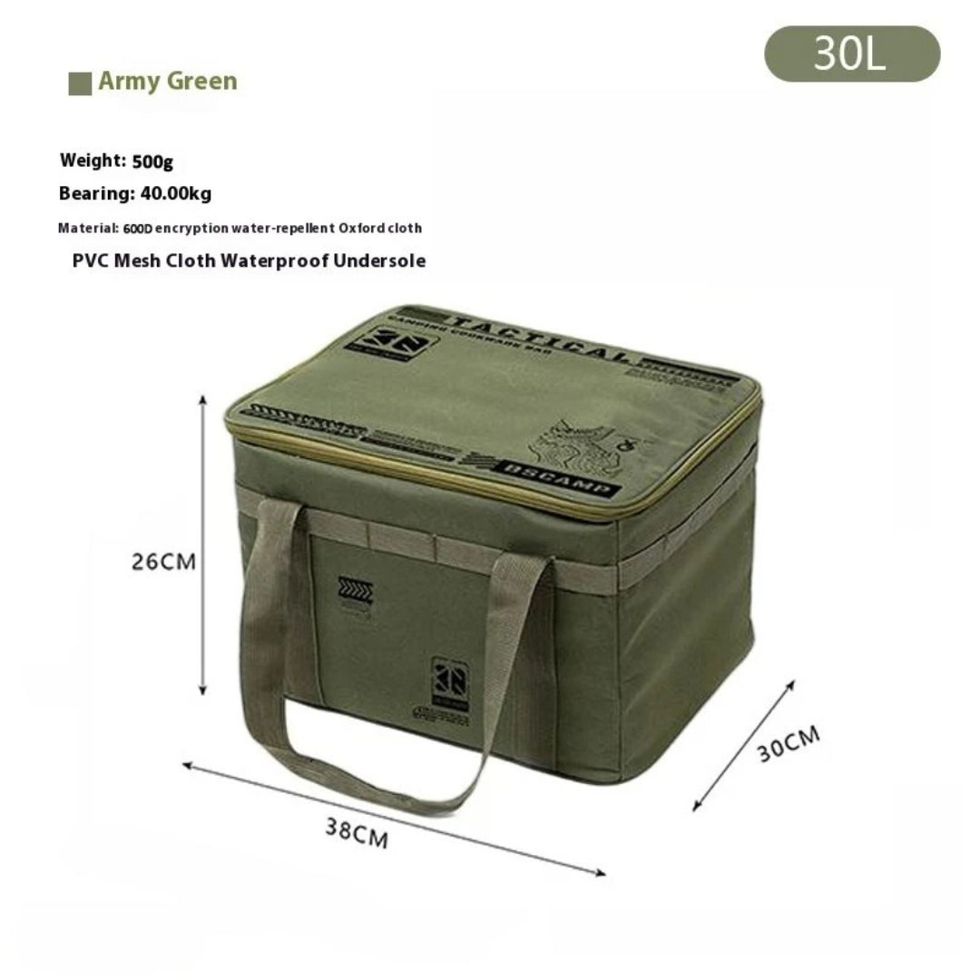 30L Insulated Waterproof Tactical Camping Storage Bag Foldable Picnic Tableware Cooking Gear Box Outdoor Organizer Green
