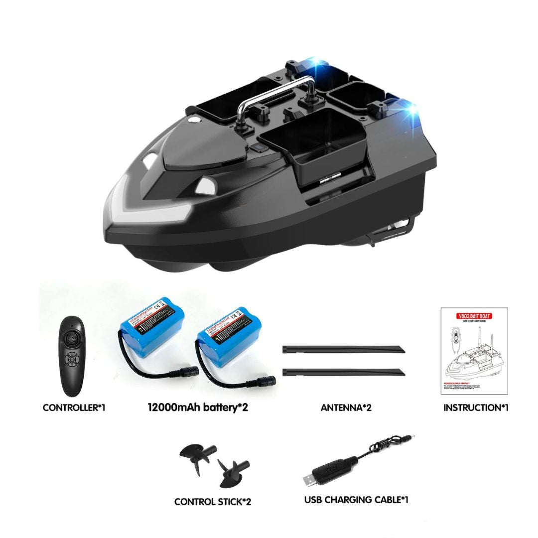 Bait Boat Remote Control Fishing Boat with 4 Independent Hoppers, 500m Range, 24000mAh Dual Battery and LED Lights