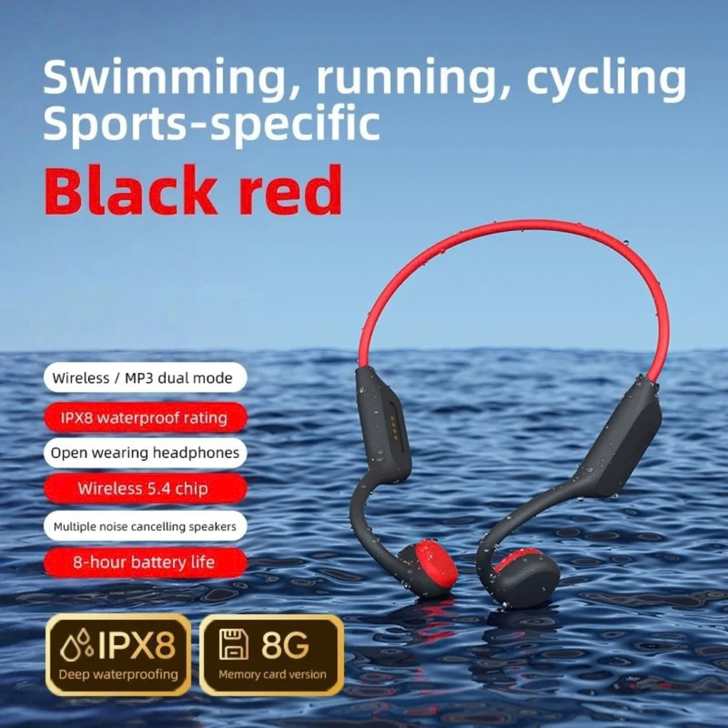 Bone Conduction Headset Bluetooth 5.3 Wireless Headphones with Microphone Waterproof Swim Sports Earphones Black Red 8GB