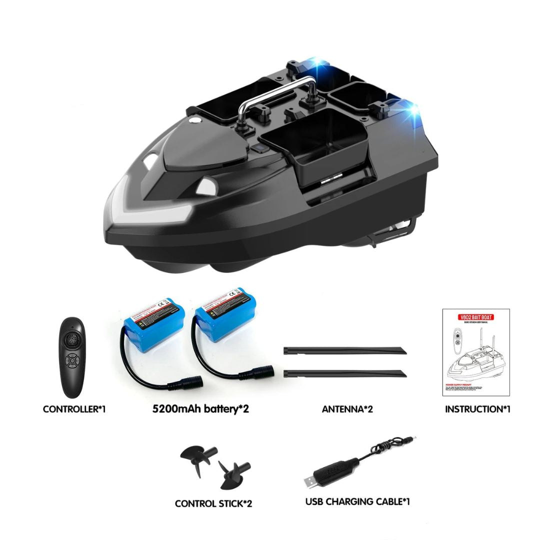 Bait Boat Remote Control Fishing Boat with 4 Independent Hoppers, 500m Range, 10400mAh Dual Battery and LED Lights