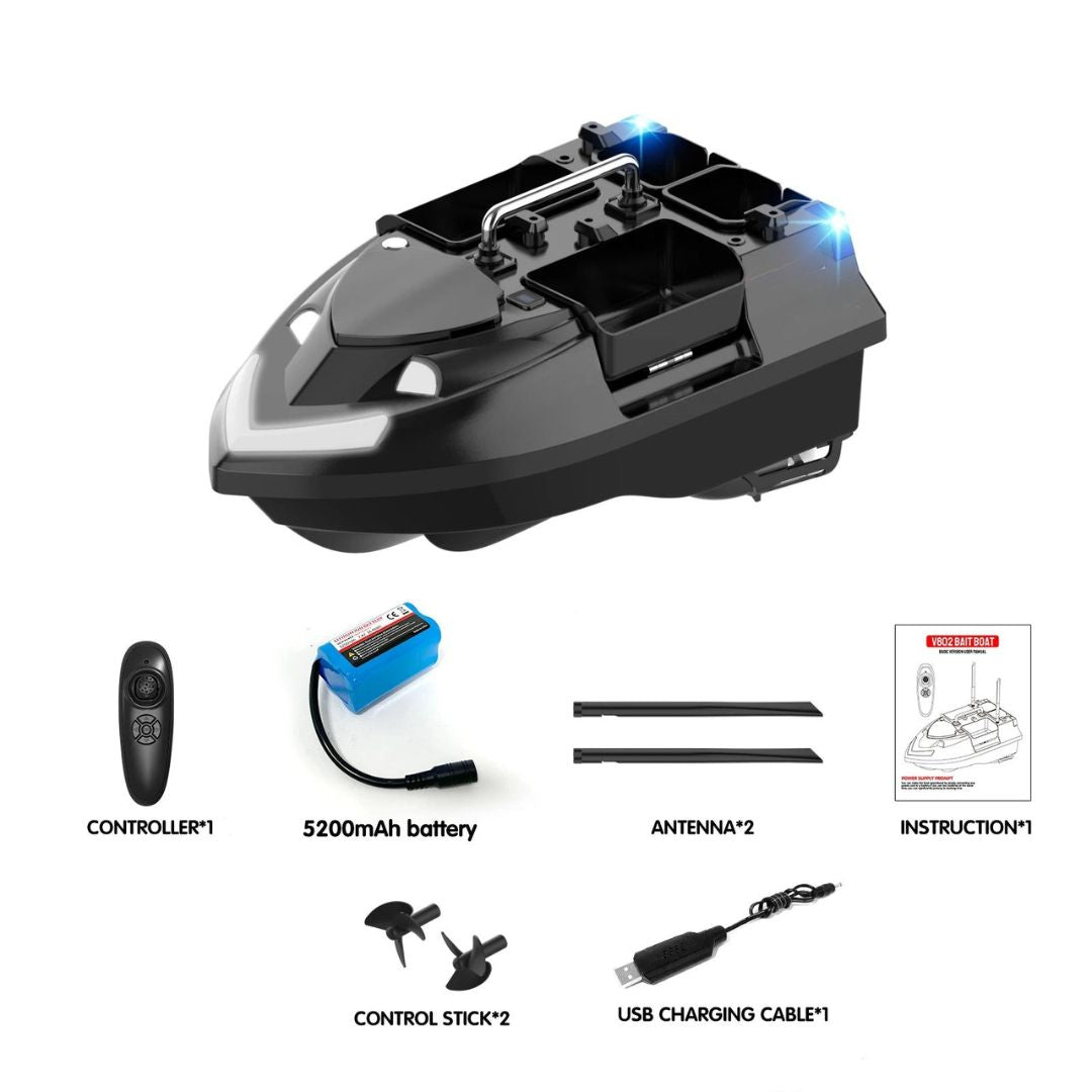 Bait Boat Remote Control Fishing Boat with 4 Independent Hoppers, 500m Range, 5200mAh Battery and LED Lights