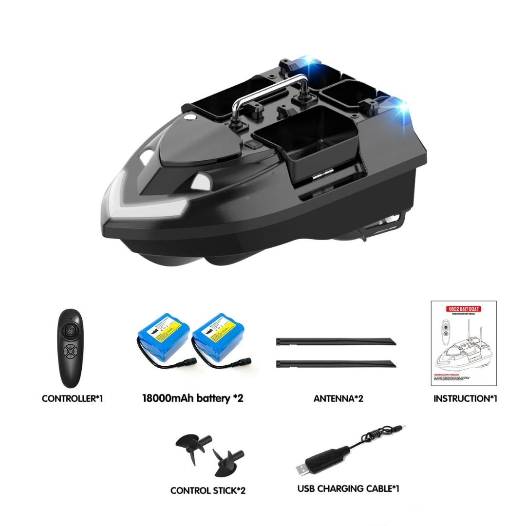 Bait Boat Remote Control Fishing Boat with 4 Independent Hoppers, 500m Range, 36000mAh Dual Battery and LED Lights