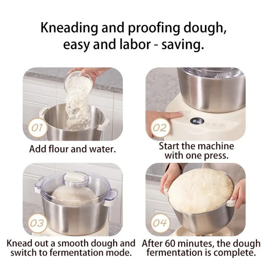 Electric Dough Mixer 250W DC Motor 5L Stainless Steel Bowl Timed Fermentation All-in-One Kitchen Mixer with Whisk 34.5×32.5×33cm