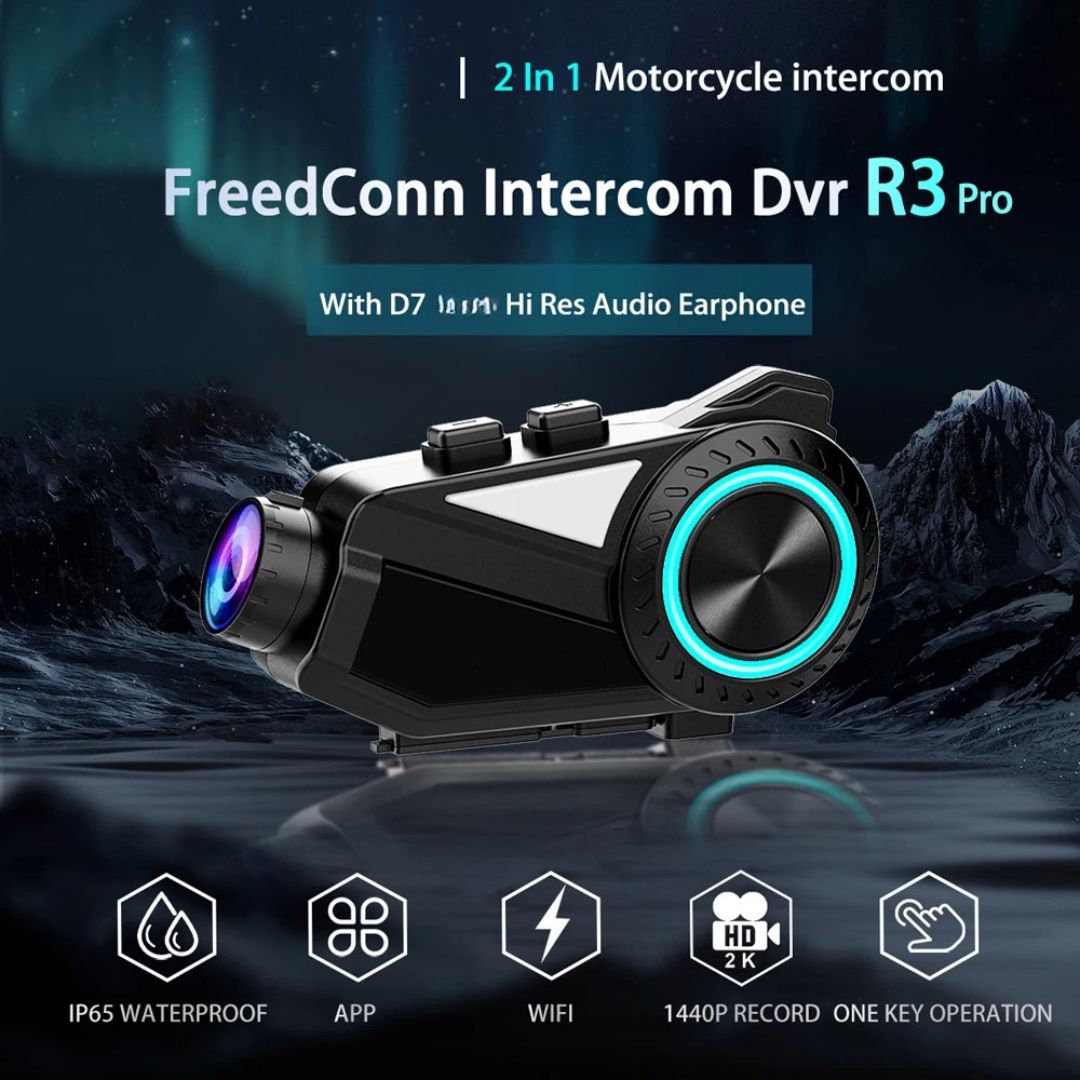 Motorcycle Helmet Intercom 2 Pack with 1440P WiFi Dash Camera Bluetooth Headset Music Sharing Dual Rider Set