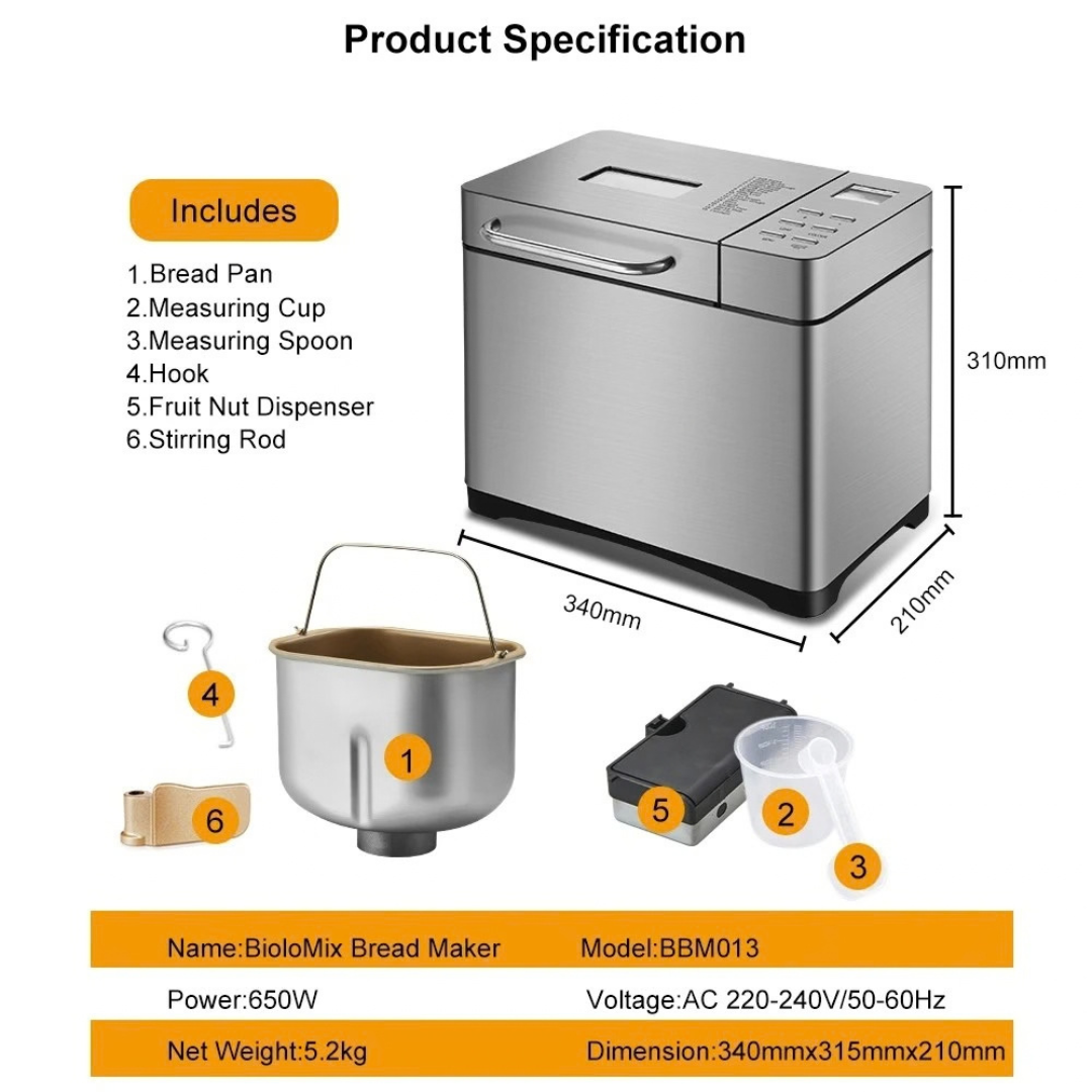 Stainless Steel 1KG 19-in-1 Automatic Bread Maker 650W Programmable Bread Machine Fruit Nut Dispenser AU 34×21×31cm