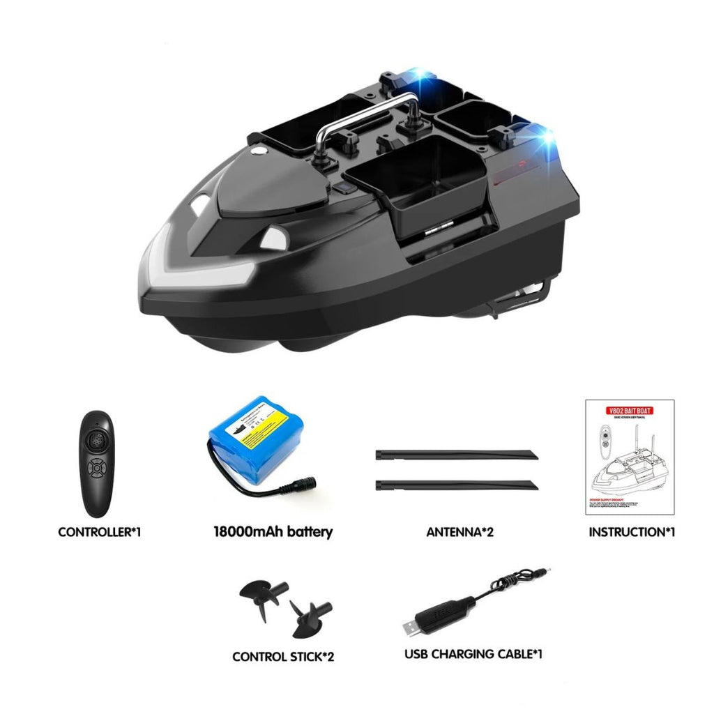 Bait Boat with 4 Independent Hoppers,Dual Antennas for 500m Range, Dual Power Supply, Front & Rear Lights for Night Fishing 18000mAh