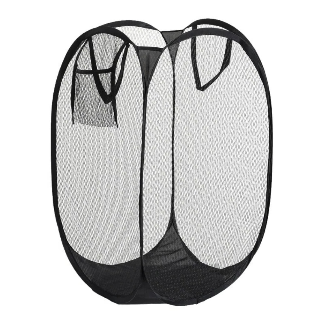 Folding Laundry Sorting Basket Dirty Clothes Storage Bag Mesh Washing Organizer Bathroom Cloth Hamper Frame Bucket Black 30×30×46cm