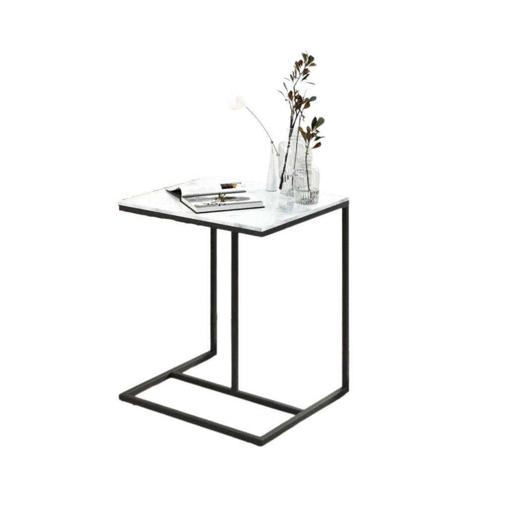 Sofa Side Table C-Shaped Metal Frame Marble Laptop Table Black & White 45x39.5x52.5cm