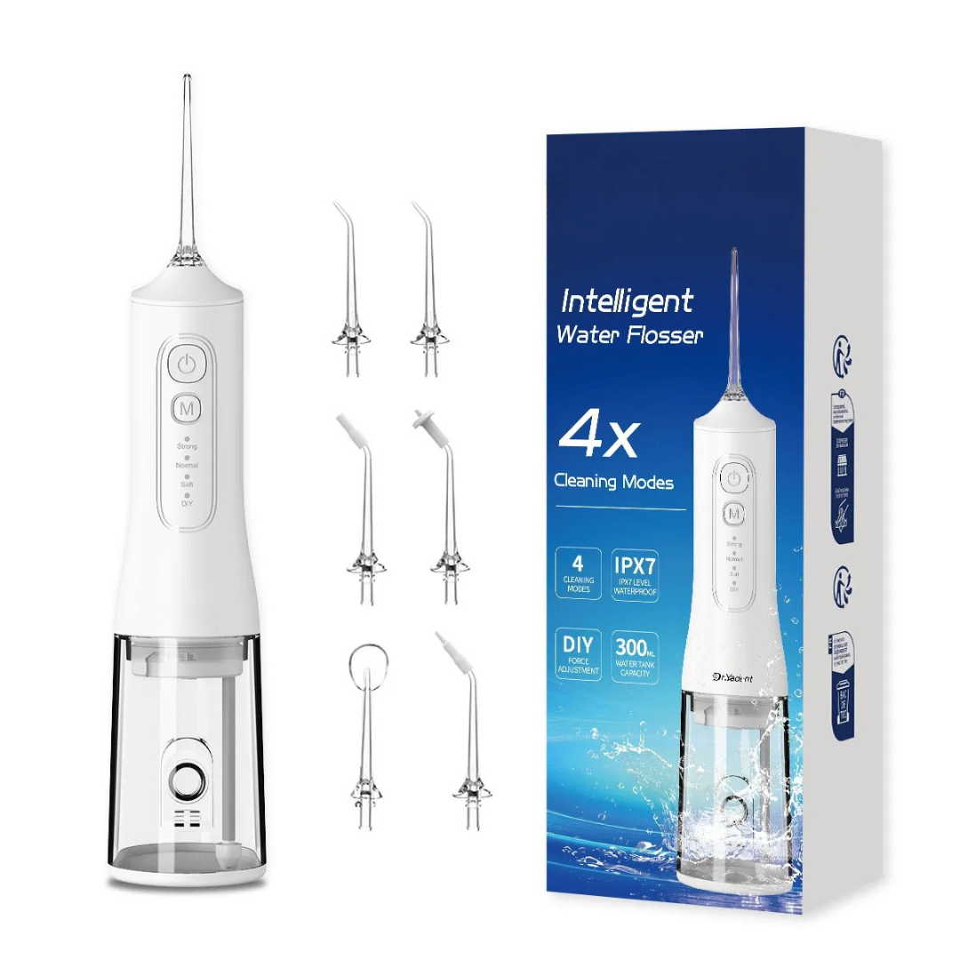 YD06 Cordless Oral Irrigator Water Flosser 300ML Portable Water Jet USB-C Fast Charge 7 Nozzles 4 Modes IPX7 White