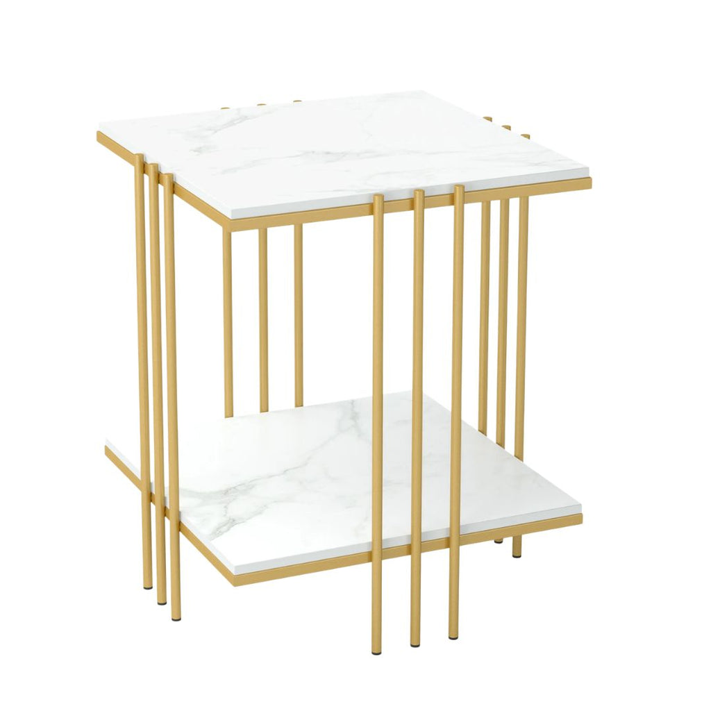 2 Tier Square Side Table 44.5x44.5x55.5cm Marble Top Gold Metal Frame Living Room Coffee Table
